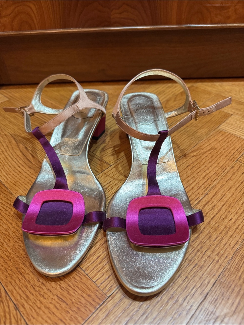 Roger Vivier Gold Sandals with Purple and Fuchsia Details